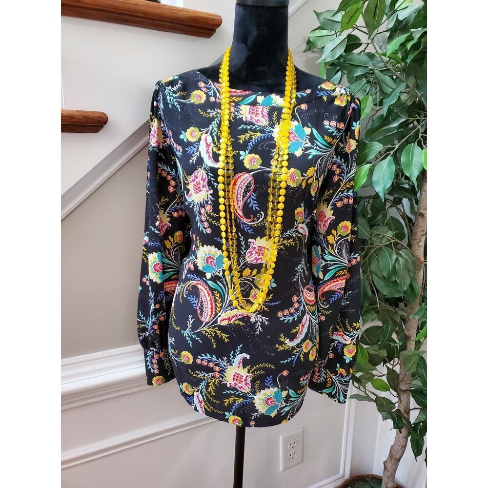 Loft Women's Black Floral 100% Polyester Round Neck Long Sleeve Blouse Size M